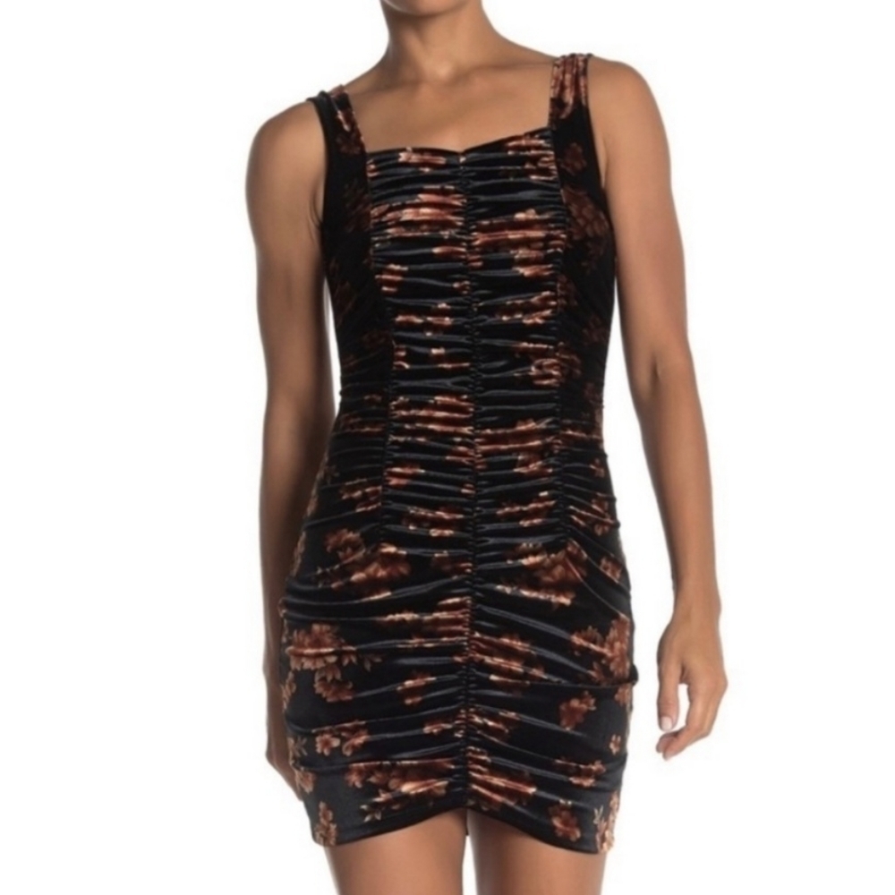 Free Press Black And Orange Floral Velvet Ruched Mini Dress Size‎ Small Nwt